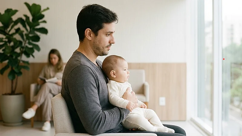 Homem com bebê de colo sentado em sala de espera de clínica, à luz natural, com os rostos suavemente desfocados