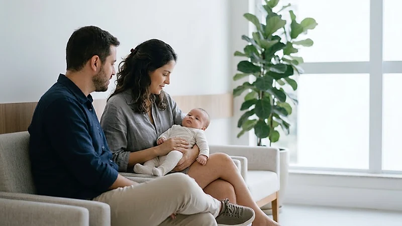 Casal com bebê de colo sentado em sala de espera de clínica, à luz natural, com os rostos suavemente desfocados